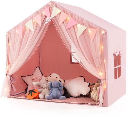COSTWAY Speeltent met 2 Gordijnen & Sterrenlichten & Geruite Vlaggen Grote Speelhuis Roze