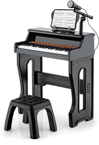 COSTWAY 37-toetsen kinderkeyboard, elektronische kinderpiano met kruk, verstelbare microfoon en muziekstandaard, kinderpiano pianotoetsenbord voor kinderen vanaf 3 jaar (zwart)