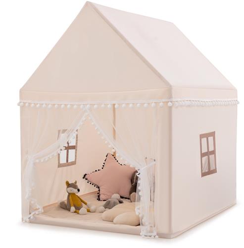 COSTWAY Kinderhuisje, kindertent, speelhuisje, prinses, kinderspeeltent, stoffen tent met massief houten frame en katoenen deken, kinderspeelkasteel voor jongens, 120 x 105 x 140 cm, beige en bruin