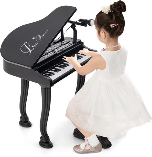 COSTWAY Kindertoetsenbord met 37 toetsen en kruk, elektronisch pianotoetsenbord, draagbaar met microfoon, led-leer-modus, opname- en afspeelfunctie, muziekinstrument voor kinderen vanaf 3 jaar (zwart)