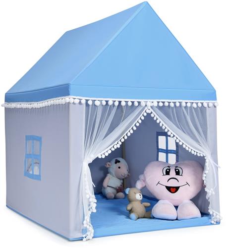 Costway Kinderhuisje, kindertent, speelhuisje, prinses, kinderspeeltent, stoffen tent met massief houten frame en katoenen deken, kinderspeelkasteel voor jongens, 120 x 105 x 140 cm, blauw