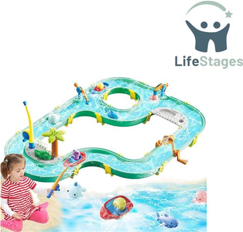 LifeStages - Waterbaan - Waterbaan 2-in-1 - Watertafel Speelgoed - 71 Stuks Strand Speelgoed - Waterbaan voor Kinderen - Buitenset met 2 Boten, 6 Dierenfiguren, 2 Vismachines en 2 Hengels - voor 3+ Jaar