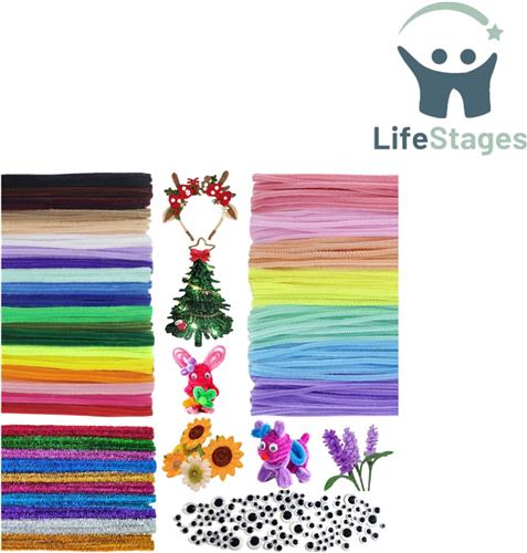 LifeStages - Pijpenragers - Pijpenragers voor Knutselwerkjes - 350 Stuks - 250 Kleurrijke Pijpenragers in 32 Kleuren - 100 Zelfklevende Oogjes - Om te Knutselen, Inclusief Glitterdraad - 30 cm x 6 mm Chenille - Voor Doe-Het-Zelf Projecten