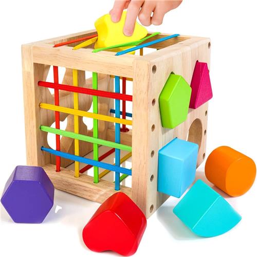 BOTC Houten Sorteerkubus met 8 rammelende vormen - Montessori-speelgoed voor kinderen - Ontwikkelingsspeelgoed - Cadeauverpakking