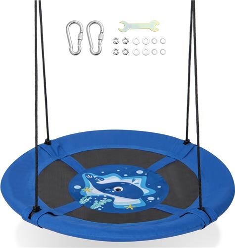 COSTWAY Nestschommel, kinderschommel, boomschommel, hangschommel, ronde schommel voor binnen en buiten, schommel voor kinderen en volwassenen, Ø 100 cm (blauw-walvis)