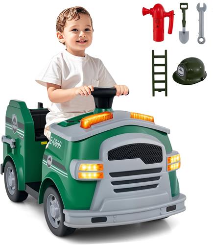 COSTWAY 12 V brandweerglijauto, kinderbrandweerauto met claxon, schep, brandblusser, veiligheidshelm en moersleutel, glijvoertuig met muziek en alarm, speelgoedauto voor kinderen vanaf 3 jaar (groen)