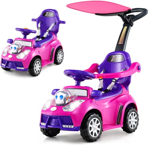 COSTWAY 3-in-1 auto met schuifstang, glijvoertuig met claxon, muziek, licht en veiligheidsgordel, schuifwagen met opbergruimte, afneembare beschermbeugel, glijbaan voor kinderen vanaf 1 jaar (roze)