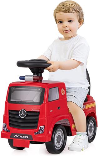 COSTWAY Mercedes Benz meerijdauto, duw-auto met opbergruimte & muziek & claxon & anti-tipper, kinder-brandweerauto met waarschuwingslicht voor kinderen vanaf 2 jaar, rood
