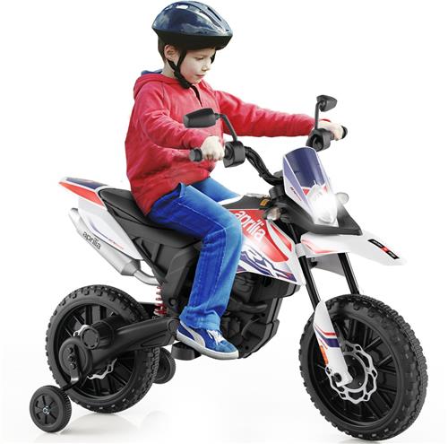 COSTWAY Aprilia Elektrische motorfiets voor kinderen, 12 V, met steunwielen, muziek en koplampen, 5,5-6 km/u, geschikt voor kinderen van 3 tot 8 jaar (wit)