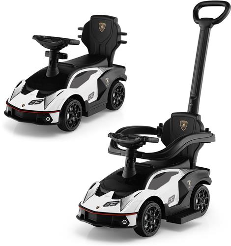 COSTWAY Lamborghini, glijauto met schuifstang en opbergruimte, schuifauto met stuurwiel, claxon en motorgeluid, 3-in-1 glijbaan voor kinderen vanaf 1 jaar (wit)