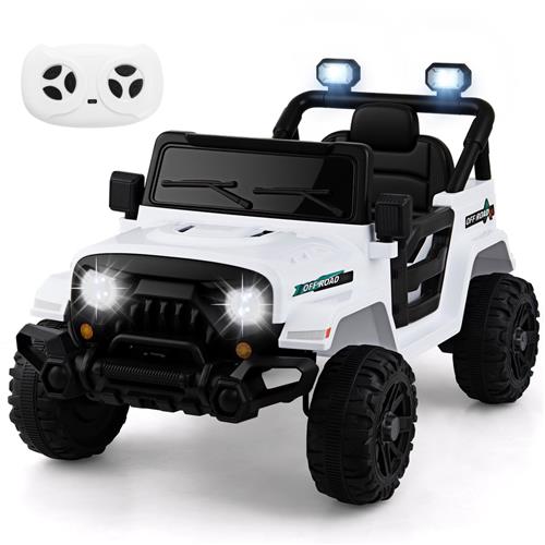 COSTWAY Elektrische kinderauto, 12 V, met 2,4 G afstandsbediening, ledverlichting, muziek en claxon, jeepauto voor kinderen vanaf 3 jaar, wit