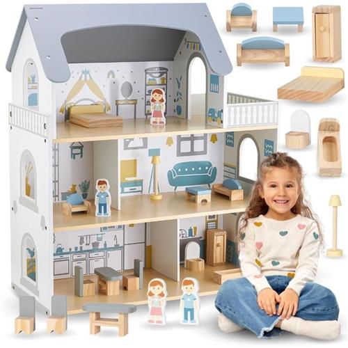 Poppenhuis - Houten Poppenhuis met Meubels - Kinderspeelgoed 1 jaar en Ouder - Grijs en Blauw