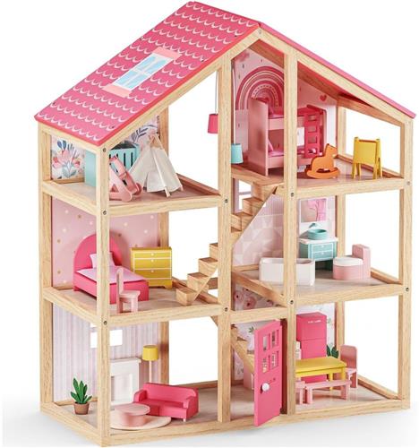 Poppenhuis - Houten Poppenhuis met Meubels - Kinderspeelgoed 1 jaar en Ouder - Roze en Bruin