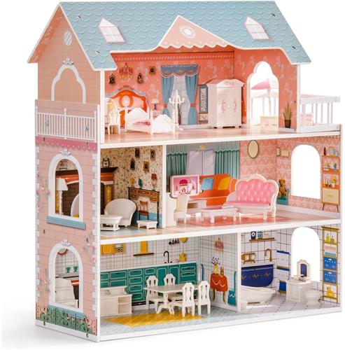 Poppenhuis - Houten Poppenhuis met Meubels - Kinderspeelgoed 1 jaar en Ouder - Roze