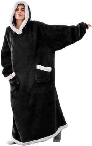 PolkaHome - Flanellen fleece hoodydeken voor dames en heren - zacht en oversized - met mouwen en capuchon
