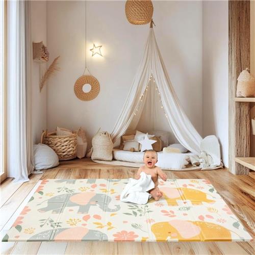 PolkaHome ® Dubbelzijdige Speelmat voor Kinderen met Zacht Grijs en Exotische Olifanten Design, Opvouwbaar 180 x 120 cm