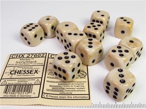 Chessex Marble Ivory/black D6 16mm Dobbelsteen Set (12 stuks)