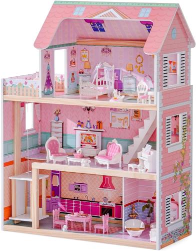 DailySupplies® Poppenhuis - Houten Poppenhuis met Meubels - Kinderspeelgoed 1 jaar en Ouder - Roze