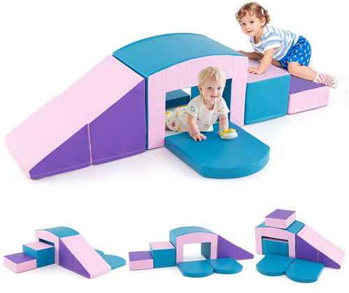 COSTWAY 6-delige schuimbouwstenen, zachte bouwstenen met tune, trap en helling, reuzenbouwstenen om te klimmen en ravotten, grote bouwstenen van schuim, klimblokken voor binnen, voor kinderen