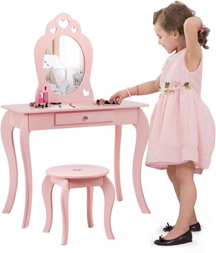 COSTWAY Kindermake-uptafel met kruk en afneembare spiegel, meisjeskaptafel van hout, kindertafel met lade, spiegeltafel 70 x 34 x 105 cm (roze)