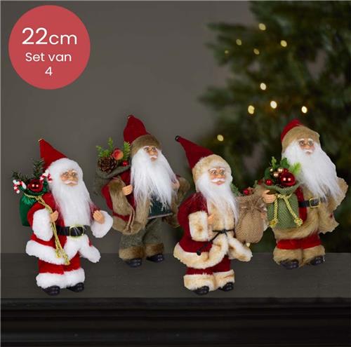 Handgemaakte Kerstmannen set van 4 met rode kleding en zak met versierende inhoud - 22cm