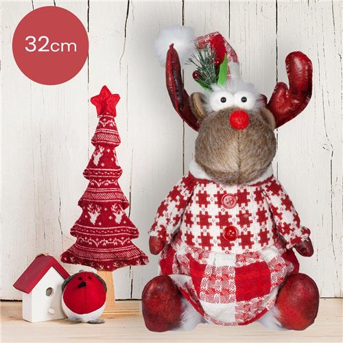 Handgemaakt zittend rendier-vrouwtje  32/40 cm  geblokte kerstjurk