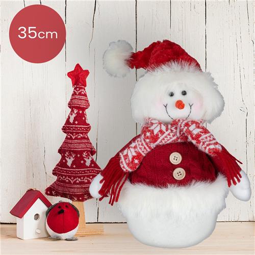 Donzige handgemaakt sneeuwpop rood/wit met rode jas en witte knopen - 35(48)cm