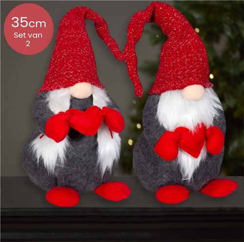 Liefdevol grijs handgemaakt Gnomen-duo met rode muts en hartje - 35(65)cm