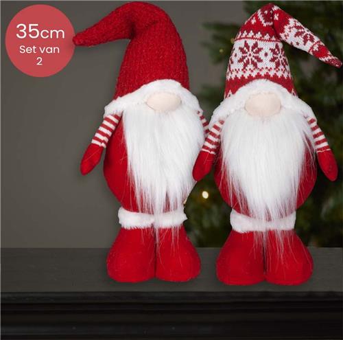 Staande rode Gnomen-duo met rood/witte muts - 35(48)cm