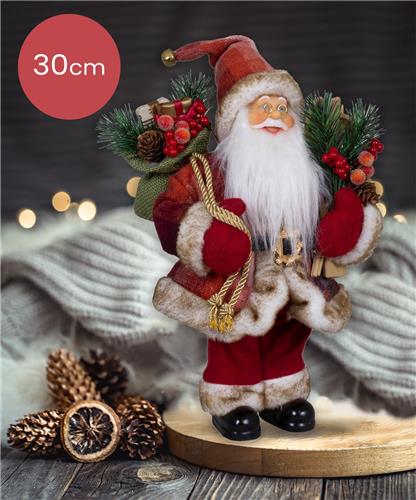 Vrolijke rode handgemaakte Kerstman Jacob met een zak vol cadeautjes en versiering - 30cm