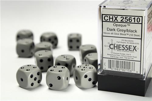 Chessex Opaque Grijs/Zwart D6 16mm Dobbelsteen Set 12 stuks.