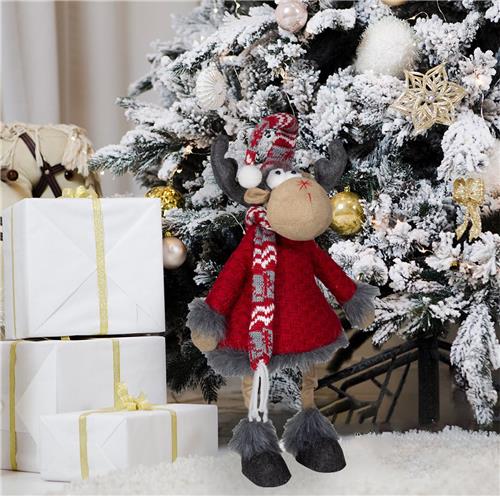 Handgemaakt Rendier-figuur met rode jas en sierlijke sjaal/muts - 45(55)cm