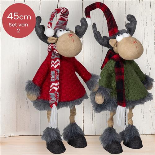 Handgemaakt Rendieren-duo met rood/groene jas en sierlijke sjaal/muts - 45(55)cm