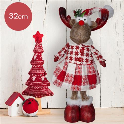 Handgemaakt staand Rendier-vrouwtje met dichte jas en rood/wit geblokte jurk - 32(40)cm