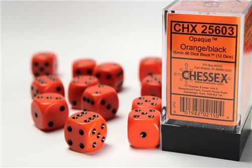 Chessex Opaque Oranje Zwart D6 16mm Dobbelsteenset 12 stuks.