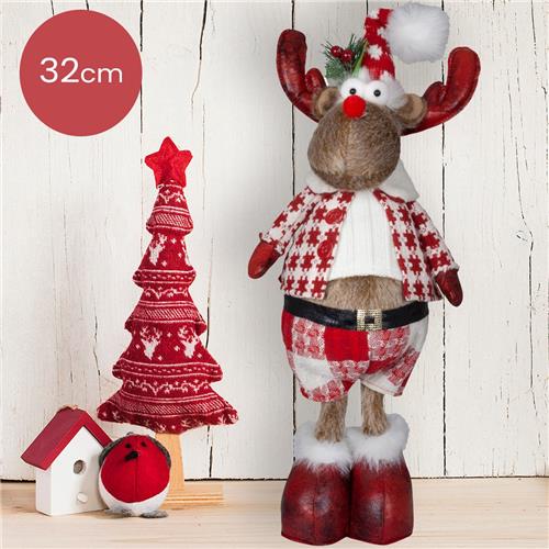 Handgemaakt staand Rendier-mannetje met open jas en rood/wit geblokte broek - 32(40)cm