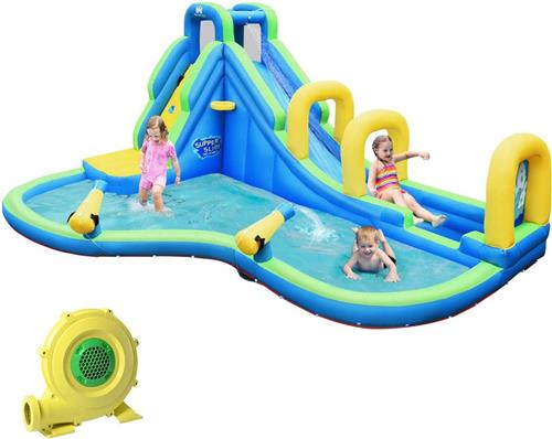 COSTWAY Springkasteel, waterglijbaan, speelzwembad, opblaasbaar waterspeelcentrum met glijbaan, opblaasbaar waterpark, peuterbad, 478 x 366 x 242 cm