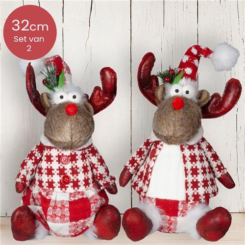 Handgemaakt rendieren-duo zittend  32/40 cm  rood/wit geblokte outfit
