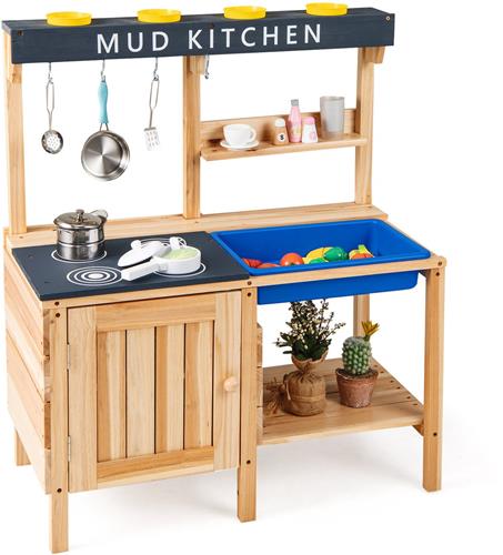 COSTWAY Modderkeuken voor kinderen voor buiten, speelkeuken met afneembare spoelbak en accessoires, houten kinderkeuken met kast, 2 opbergvakken, bekerhouder en haken, buitenkeuken voor jongens en meisjes vanaf 3 jaar