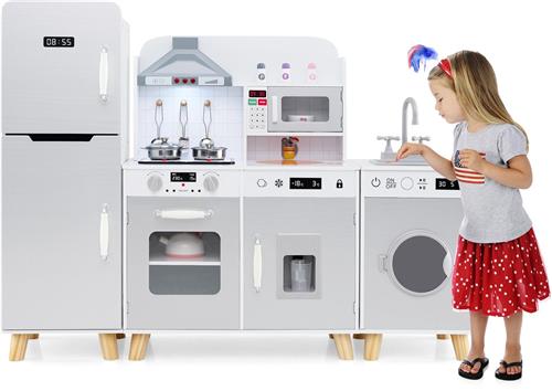 COSTWAY Kinderkeuken met accessoires, 3-in-1 houten kinderkeuken met koelkast, wasmachine en magnetron, incl. fornuis, gootsteen, oven, speelkeuken met licht en geluid, speelgoedkeuken voor kinderen