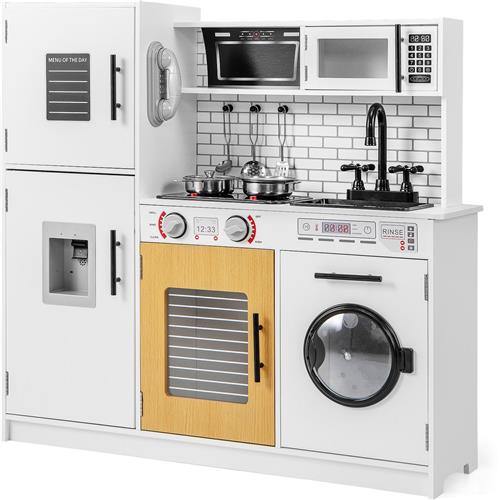 COSTWAY Kinderkeuken met licht en geluid, speelkeuken hout met oven magnetron telefoon waterdispenser, speelgoedkeuken incl. keukenaccessoires voor jongens en meisjes vanaf 3 jaar
