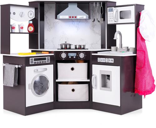 COSTWAY Kinderkeuken hout, speelkeuken met licht en geluid, houten keuken hoek met afzuigkap, watercirculatiesysteem, waterdispenser en wasmachine, incl. accessoires, voor kinderen vanaf 3 jaar (bruin