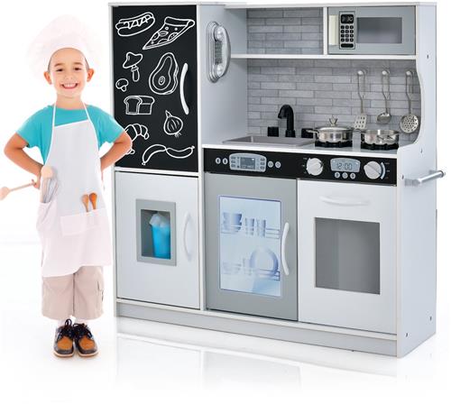 COSTWAY Kinderkeuken met 10 speelaccessoires, speelkeuken voor kinderen met bord, speelgoedkeuken met magnetron, ijsmachine, vaatwasser en oven, houten keuken voor kinderen vanaf 3 jaar (wit)