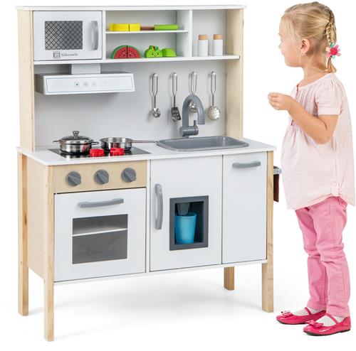 COSTWAY Kinderkeuken, speelkeuken incl. 18 accessoires, houten keuken met spoelbak, magnetron, ijsmachine, oven, speelgoedkeuken, houten keuken voor kinderen vanaf 2 jaar (wit)