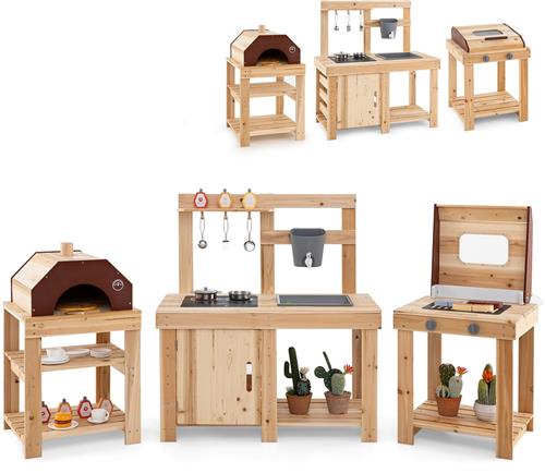 COSTWAY 3-in-1 modderkeuken met BBQ grill en pizzaoven, outdoor speelkeuken met waterbak en gootsteen, fornuizen en accessoires, tuinkeuken voor kinderen vanaf 3 jaar
