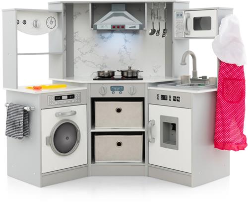 COSTWAY Kinderkeuken hout, speelkeuken met licht en geluid, houten keuken hoek met afzuigkap, watercirculatiesysteem, waterdispenser en wasmachine, incl. accessoires, ideaal voor kinderen vanaf 3 jaar