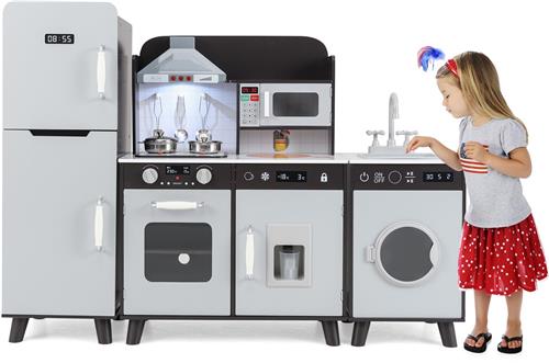 COSTWAY Kinderkeuken met accessoires, 3-in-1 houten kinderkeuken met koelkast, wasmachine en magnetron, incl. fornuis, gootsteen, oven, speelkeuken met licht en geluid voor vanaf 3 jaar (bruin)