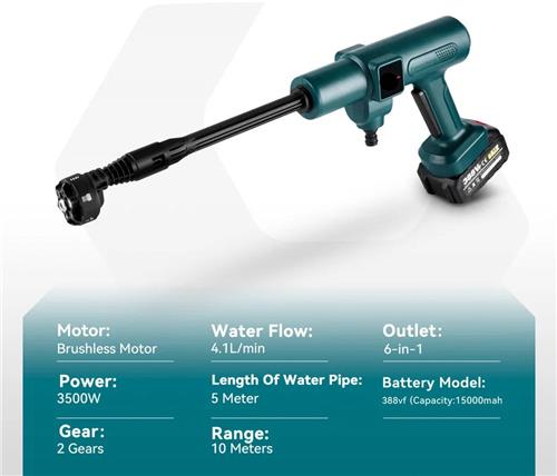 Hogedrukreiniger - Terrasreiniger - Hogedruk - Waterpistool - Draadloze - Elektrische - 200 Bar - 3500W - 6-in-1 Spuitkop - Pressure Washer - voor Auto en Tuin - Geschikt voor 18V Batterijen - inclusief 2x Accu