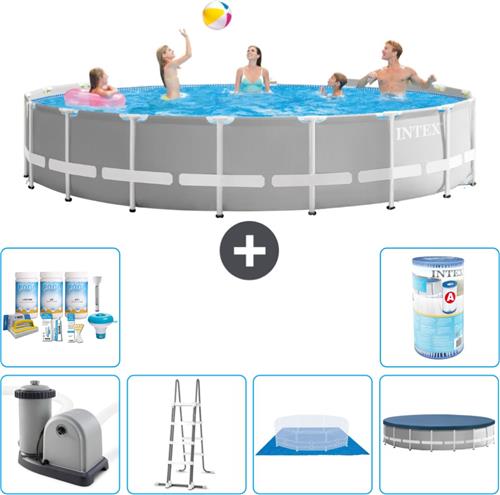 Intex Rond Prism Frame Zwembad - 548 x 122 cm - Grijs - Inclusief Pomp - Ladder - Grondzeil - Afdekzeil Onderhoudspakket - Filter