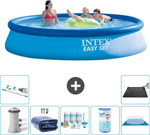 Intex Rond Opblaasbaar Easy Set Zwembad - 396 x 84 cm - Blauw - Inclusief Pomp Solarzeil - Onderhoudspakket - Filter - Grondzeil - Stofzuiger - Solar Mat